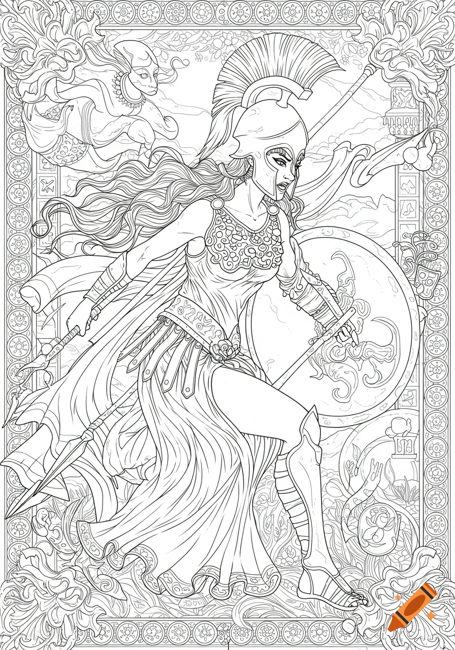 Line art coloring page of the Greek goddess Athena in battle armor with spear and shield, set against an elaborate decorative border.