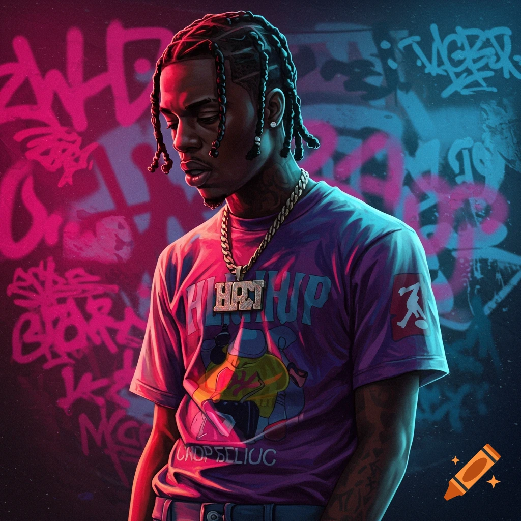 Illustrated portrait of a rapper with braided hair and gold chain standing against a graffiti wall with pink and blue light.
