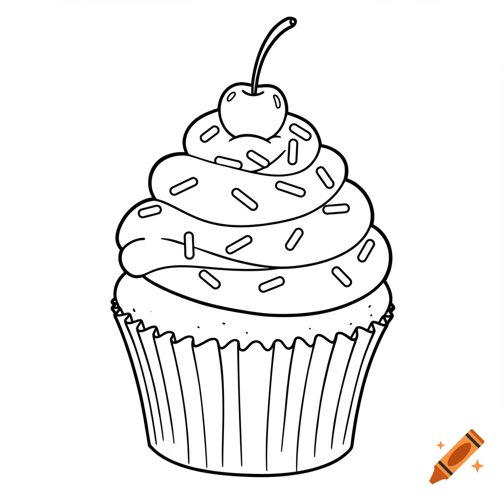 A black and white line drawing of a cupcake with sprinkles and a cherry on top