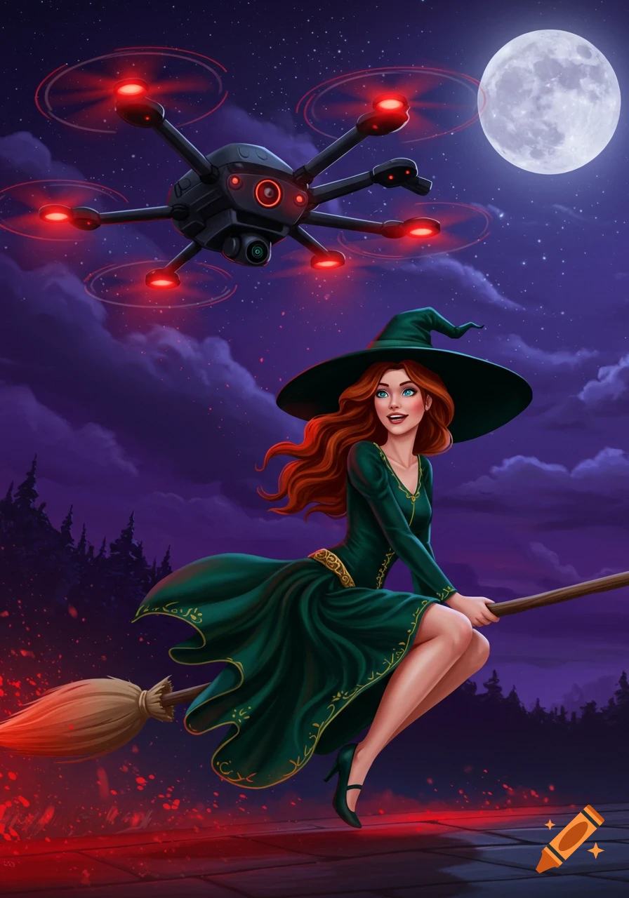 A witch flies on a broom at night, pursued by a spy drone.