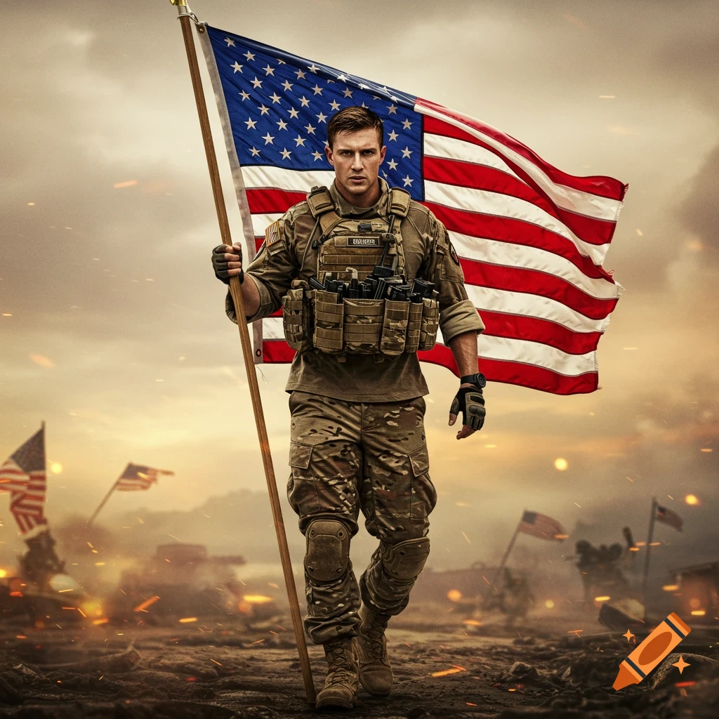 American soldier holding a large flag in a battlefield with explosions in the background.