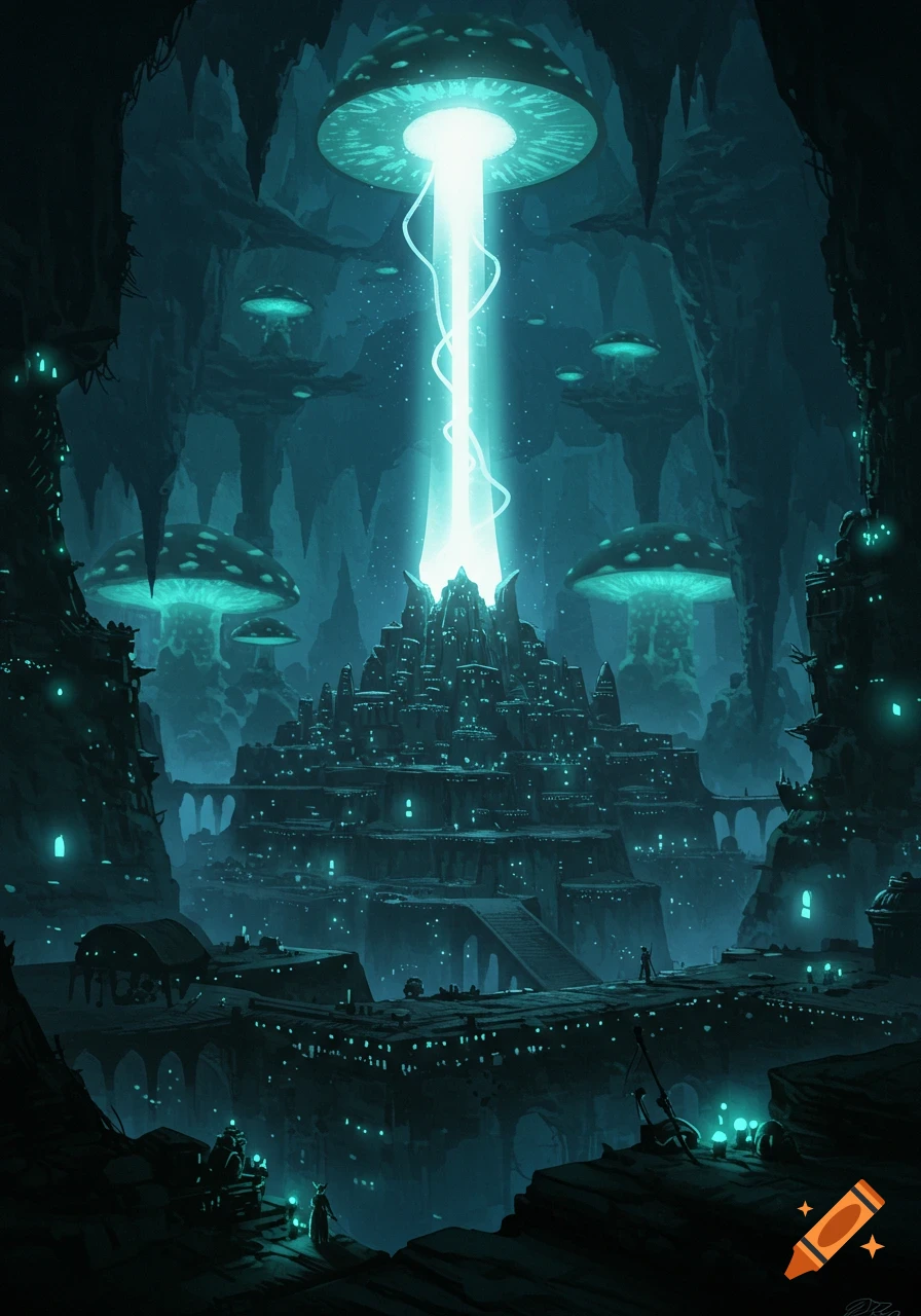 A glowing fantasy city inside a cavern, illuminated by light from giant mushrooms.