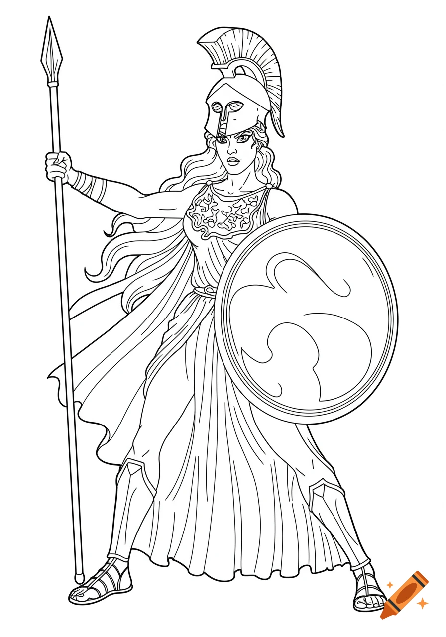 Line drawing of a warrior woman in Greek armor with spear and shield