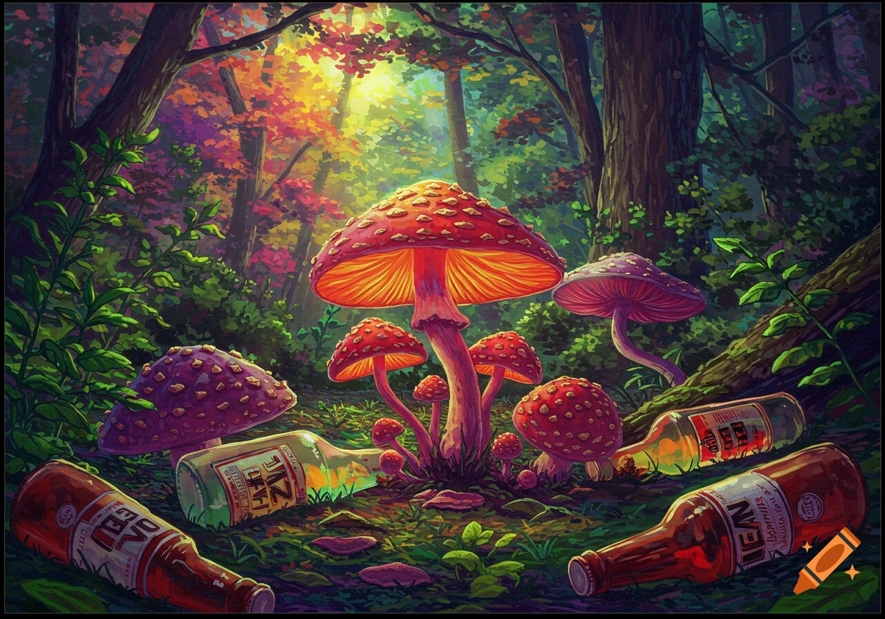Illustration of large, glowing mushrooms and fallen bottles in a colorful forest.