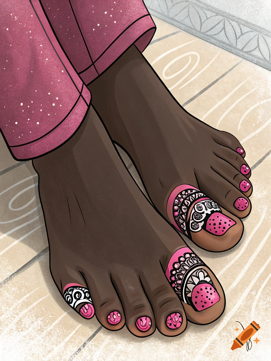 Illustration of dark-skinned feet with pink speckled pants and intricate pink, black, and white toenail designs.