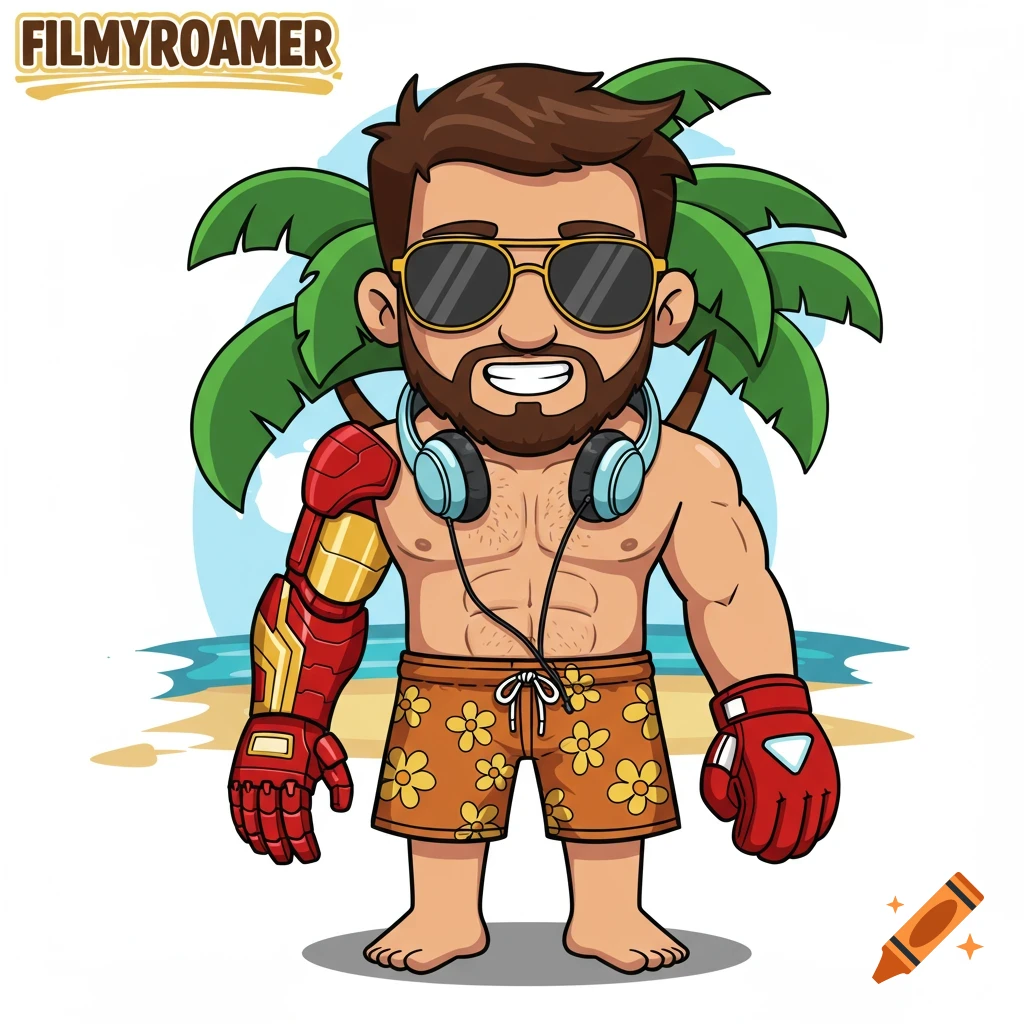 Cartoon avatar of FilmyRoamer on a beach, with beard, sunglasses, headphones, Iron Man arm, and cricket glove.