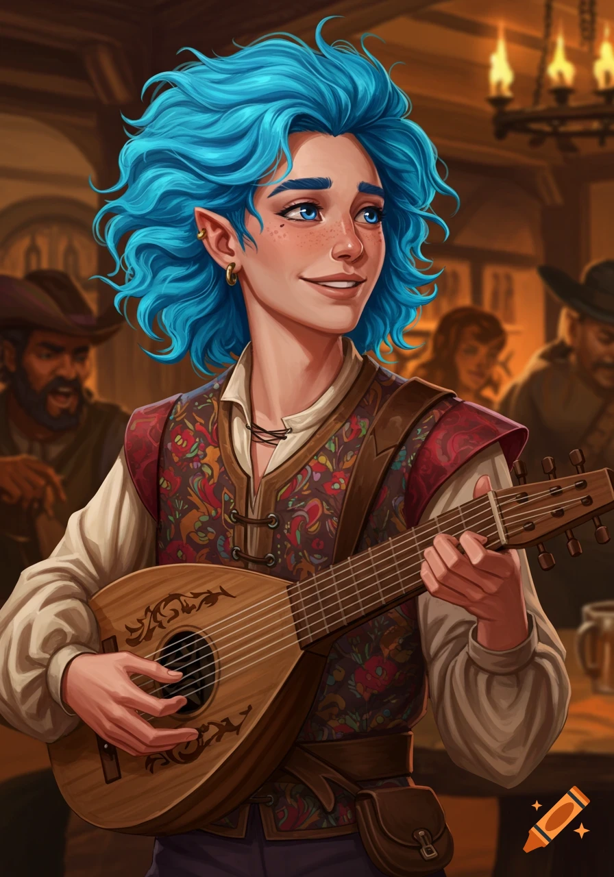 A blue-haired fantasy character plays a lute in a dimly lit tavern.