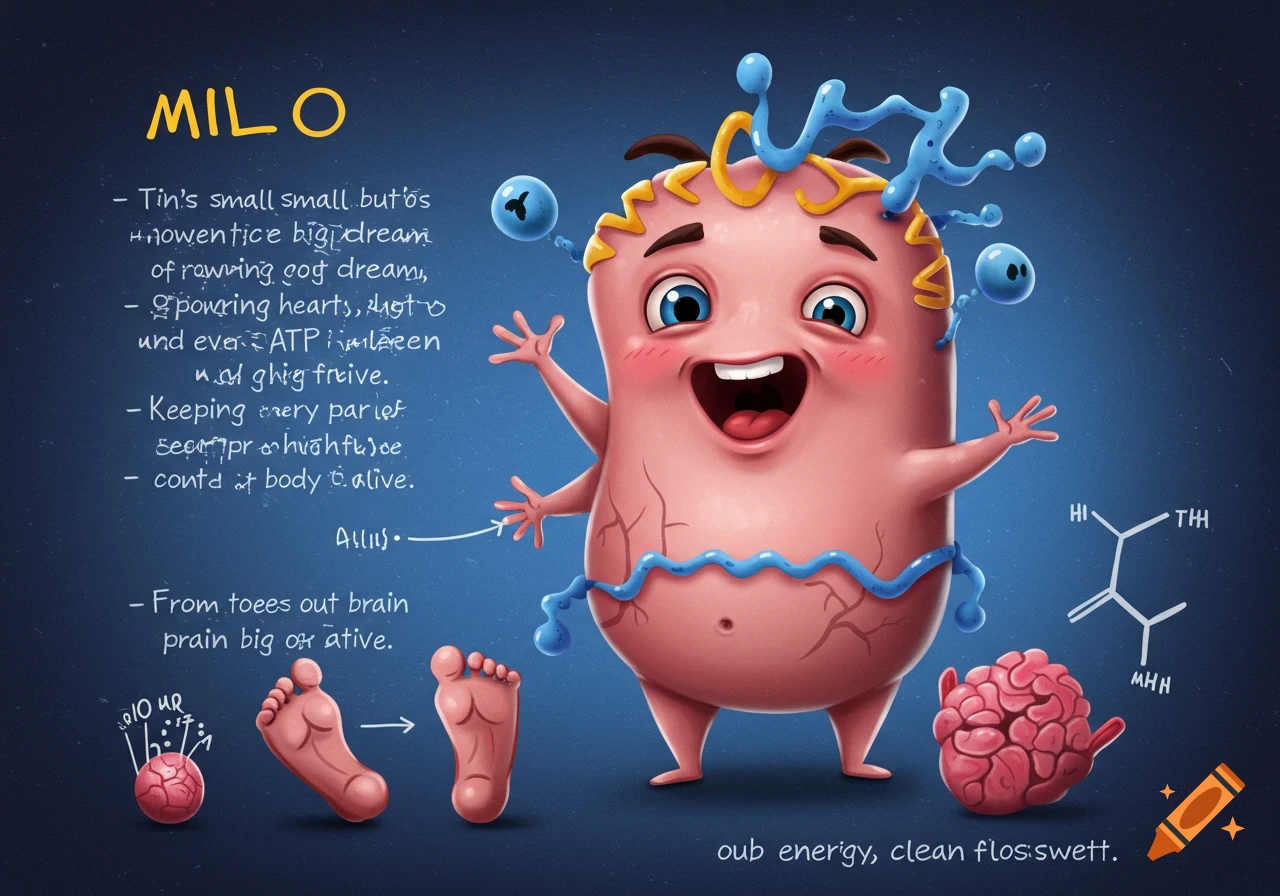 A cute cartoon character named Milo with text, illustrations of feet, a brain, and a chemical structure.