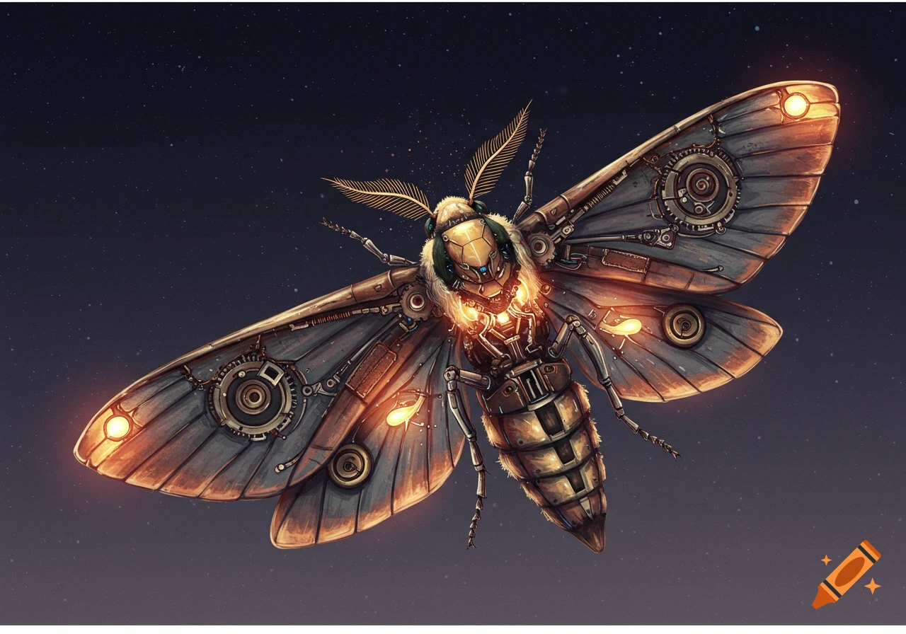 Detailed illustration of a mechanical moth with glowing lights against a starry sky.
