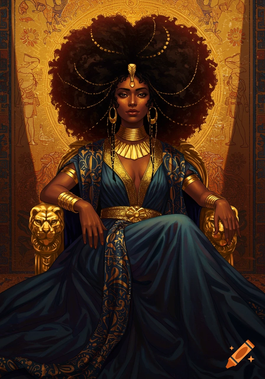 A regal woman with a large afro and gold jewelry sits on a throne in a fantasy illustration.