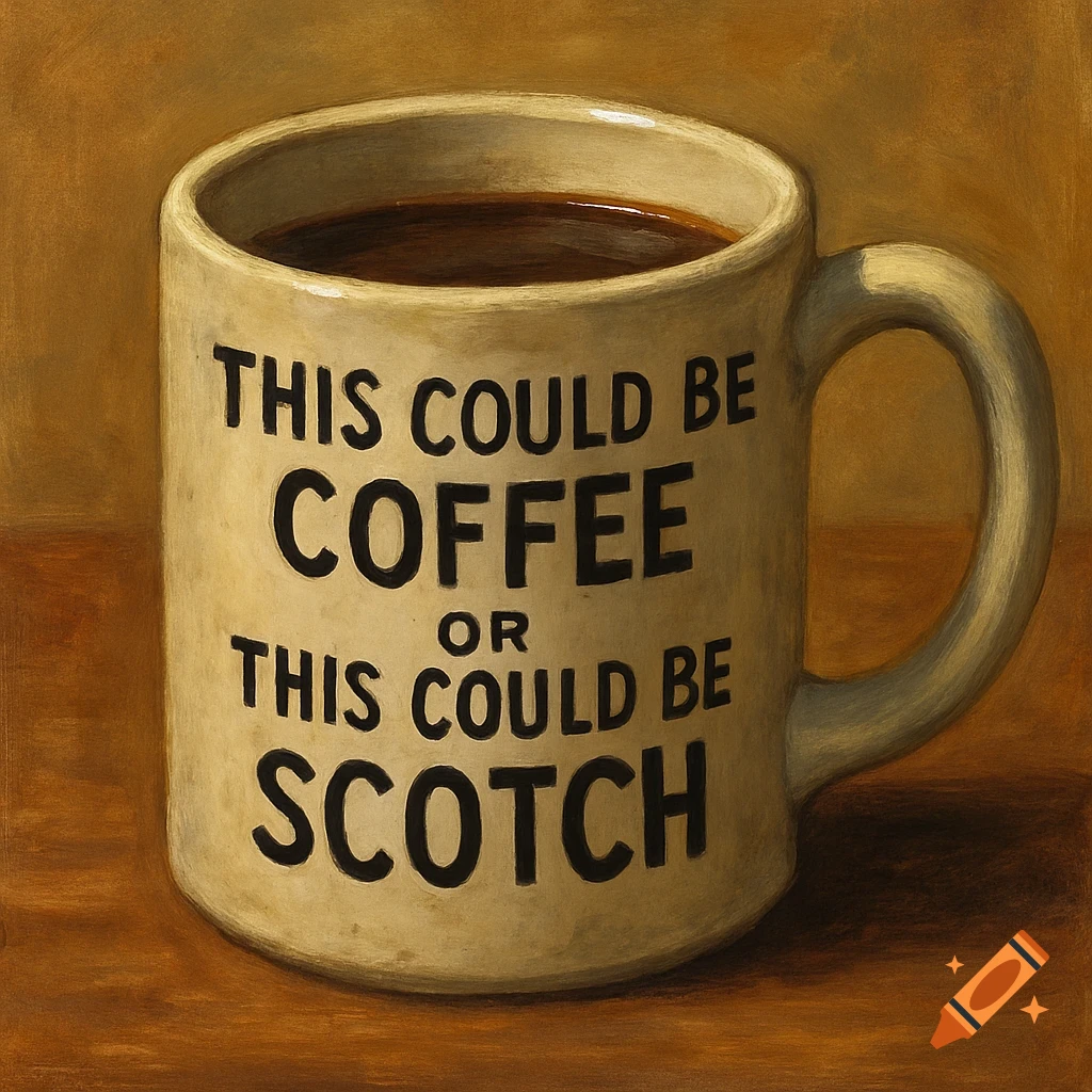 A painted coffee mug with the text 'THIS COULD BE COFFEE OR THIS COULD BE SCOTCH'.