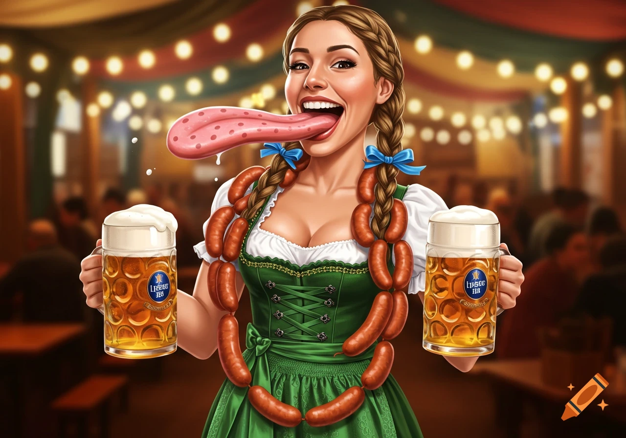A Bavarian woman with a cartoonishly long tongue holds two beer steins, draped with sausage links around her neck in a beer hall.