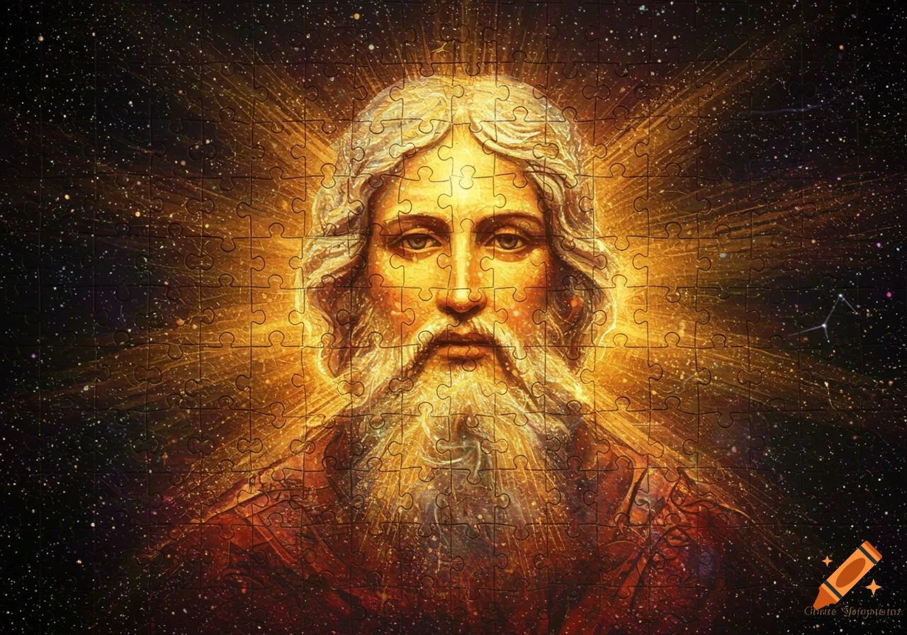 Portrait of God as a jigsaw puzzle against a starry background.