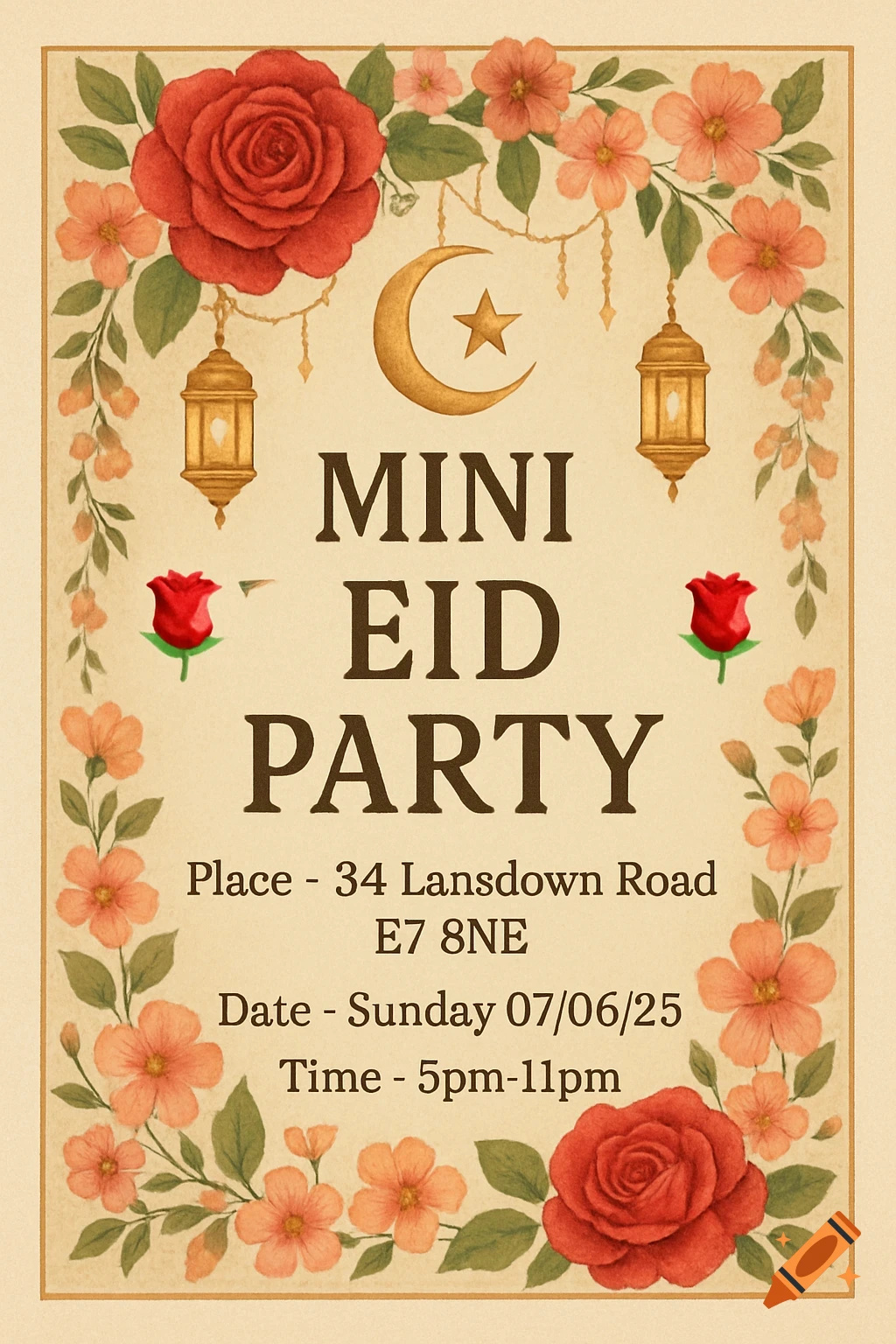 Illustrated Eid party invitation poster with red roses, peach flowers, golden lanterns, a crescent moon and star, and text listing party details.