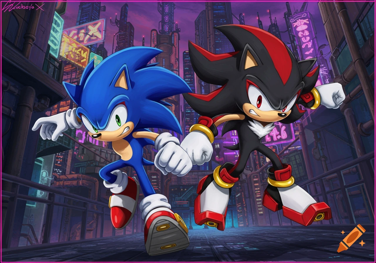 Sonic and Shadow run through a cyberpunk city with neon signs.