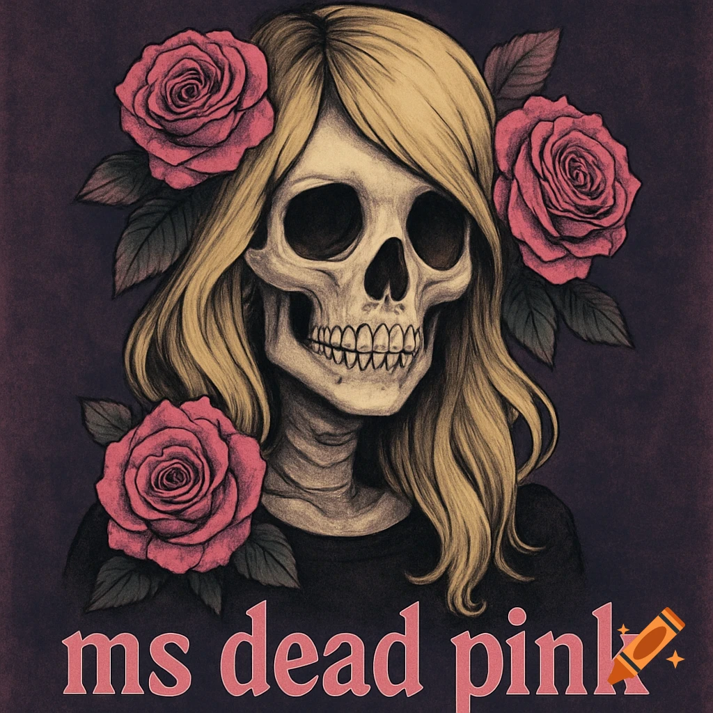 Stylized drawing of a blonde skull with pink roses and text 'ms dead pink'