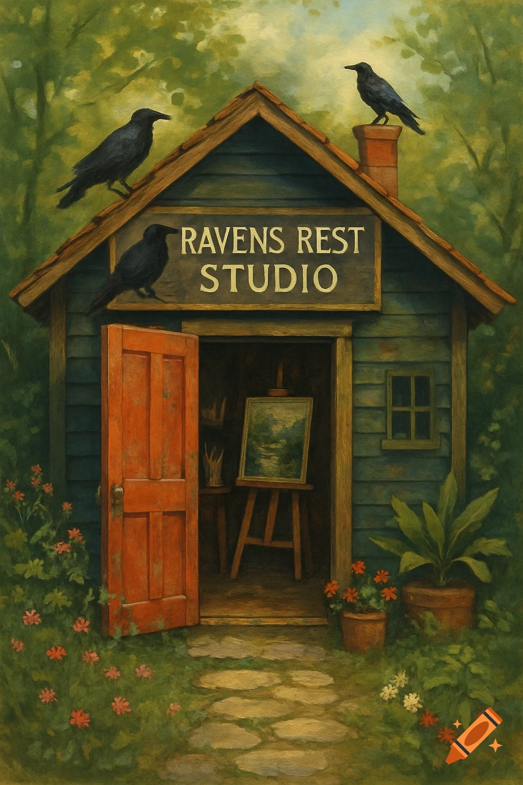 A painted scene of a small shed with a sign reading "Ravens Rest Studio" and crows perched on the roof, surrounded by plants.