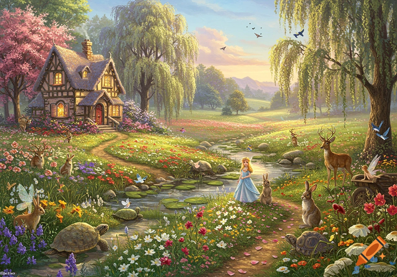 Fairytale landscape with a cottage, princess, deer, bunnies, turtles, and fairies