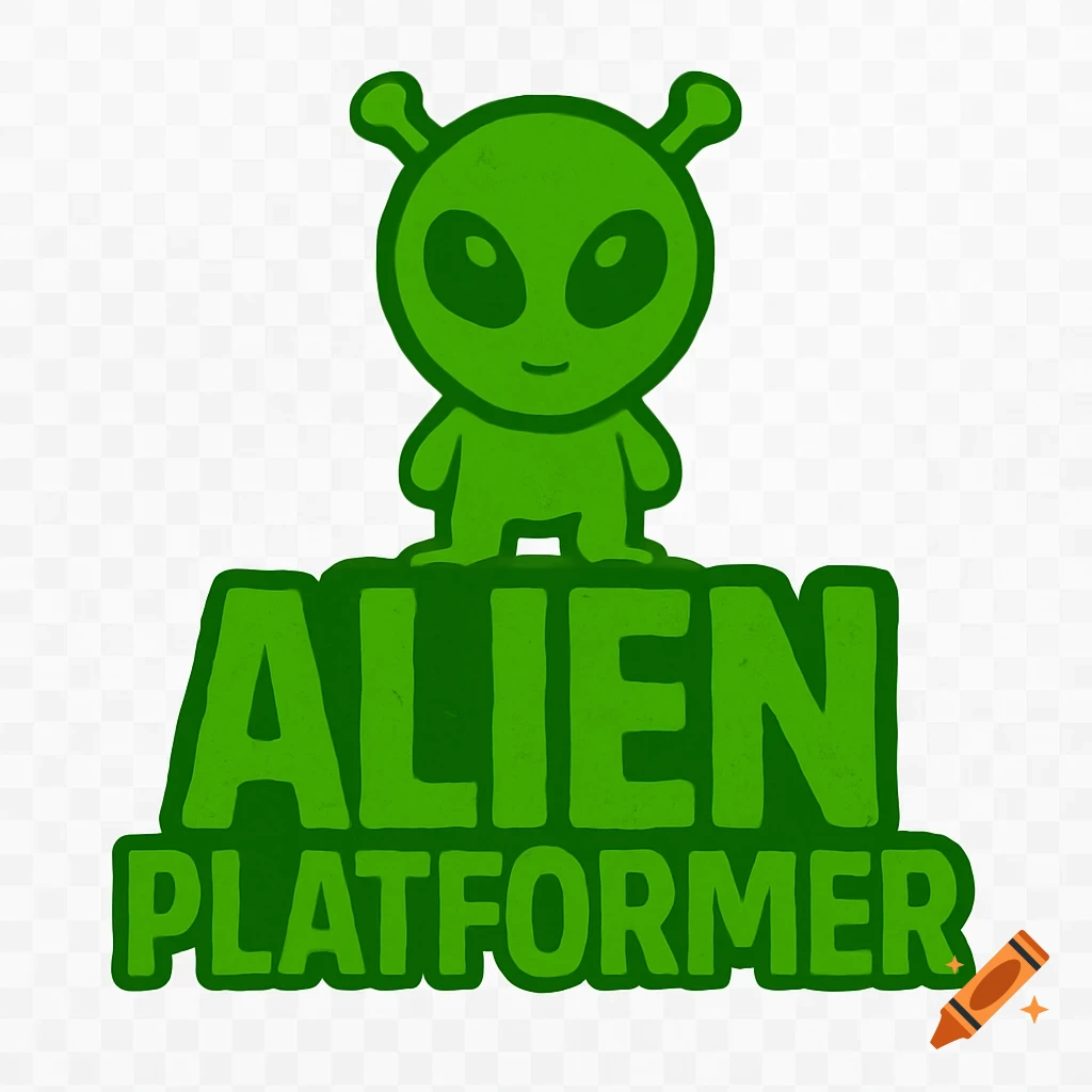 Green cartoon alien character standing on the text 'ALIEN PLATFORMER' logo