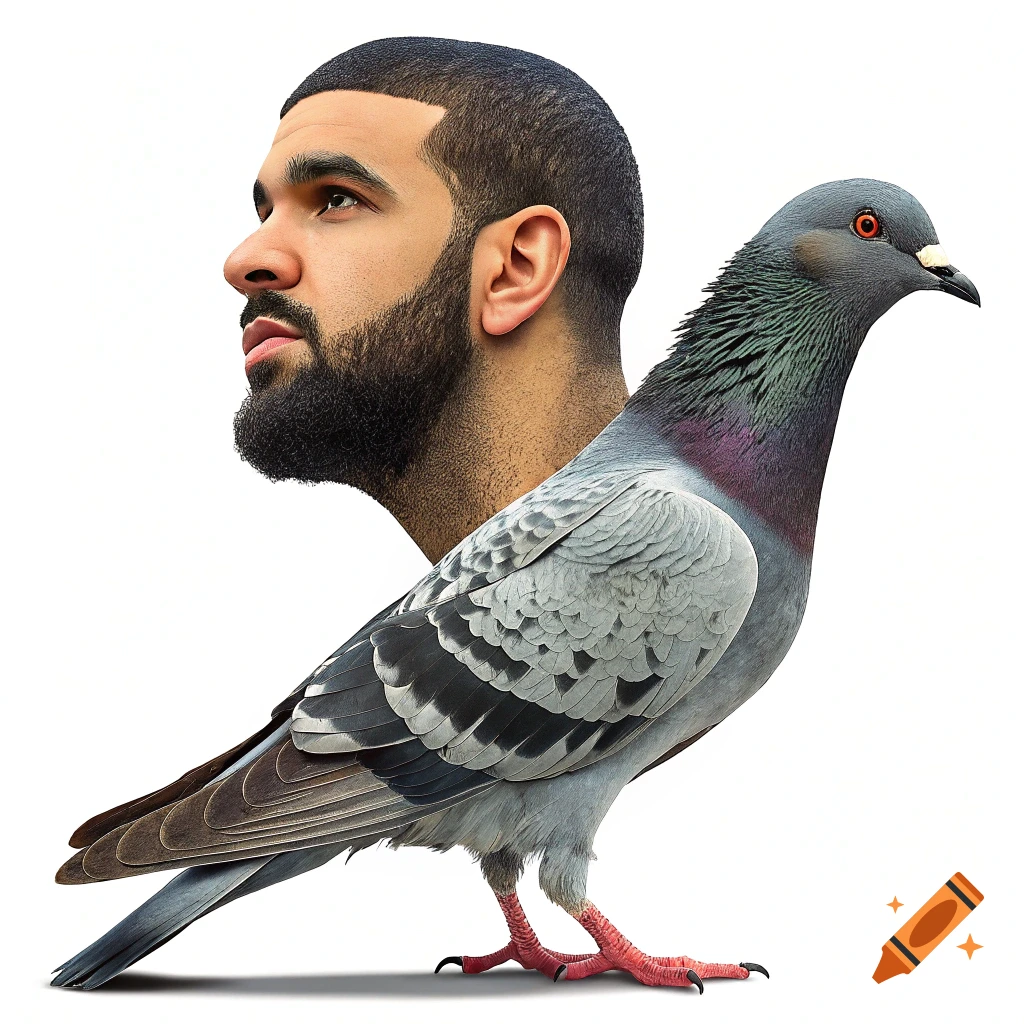 Photorealistic image of a pigeon with the face of Drake