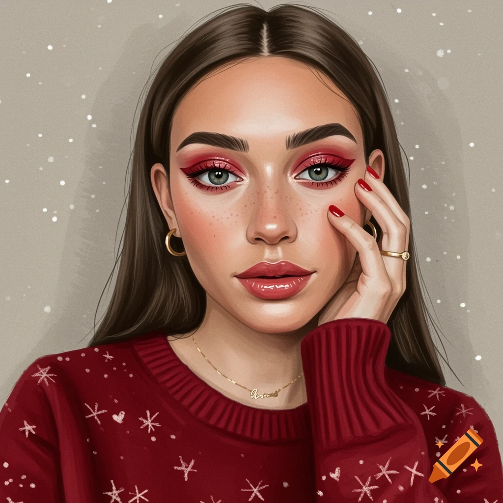 Illustration of a woman with red eye makeup, red nails, gold jewelry, and a red sweater with snowflake patterns.