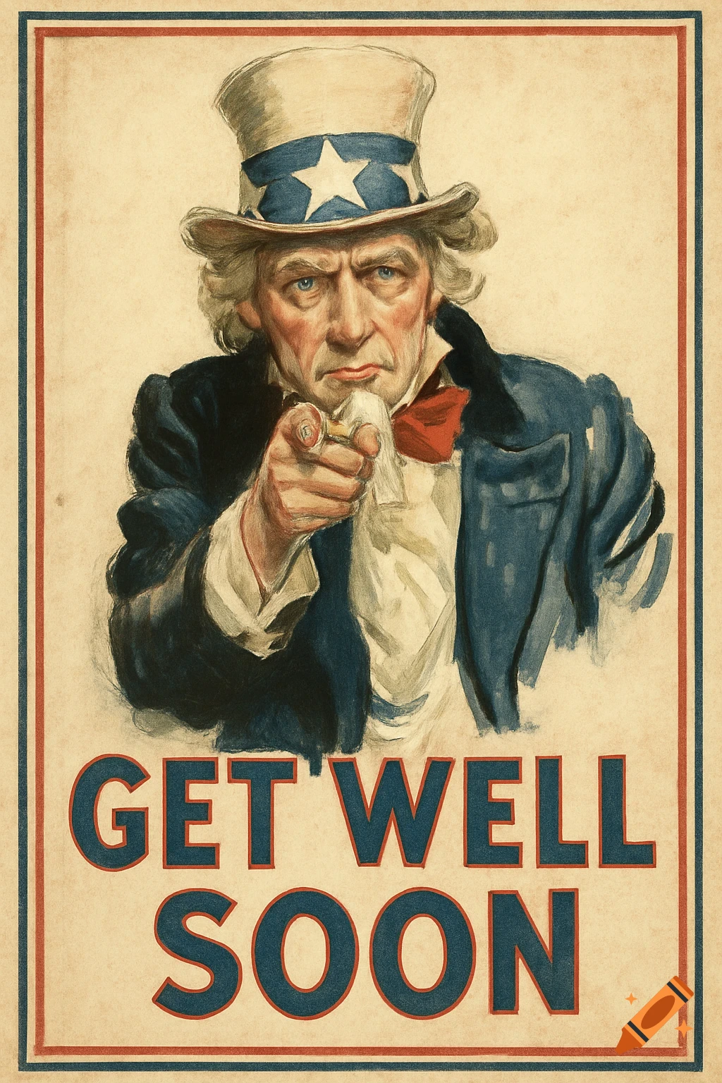 Watercolor-style poster of Uncle Sam pointing, with the text "GET WELL SOON".