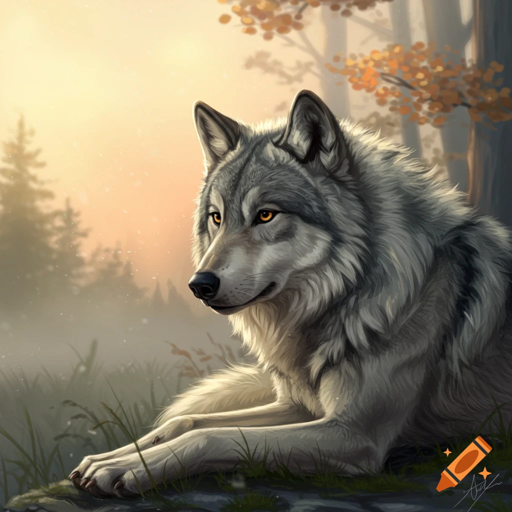 Illustration of a grey wolf lying in a misty forest at sunset, looking to the side.