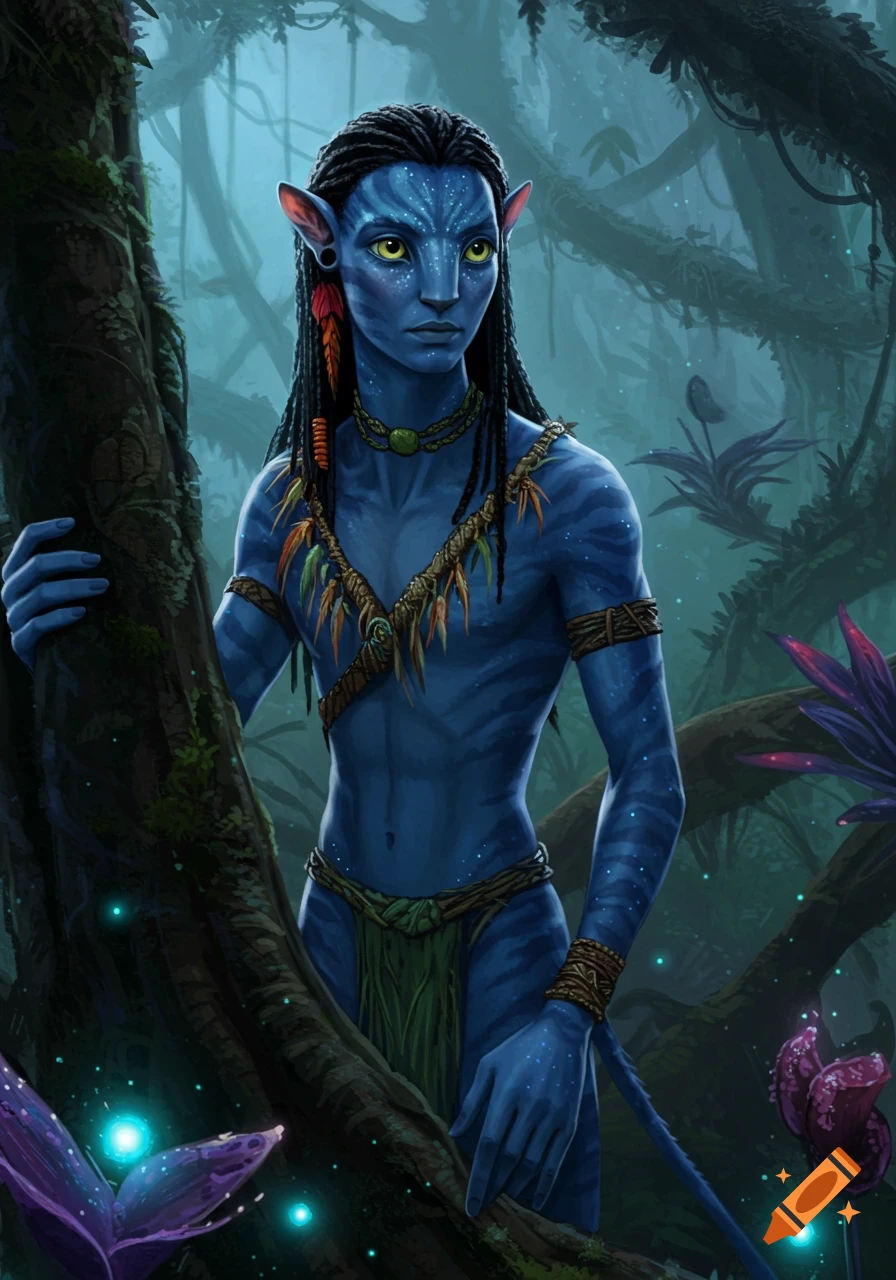A blue-skinned alien character, a Na'vi hybrid, stands in a lush jungle.