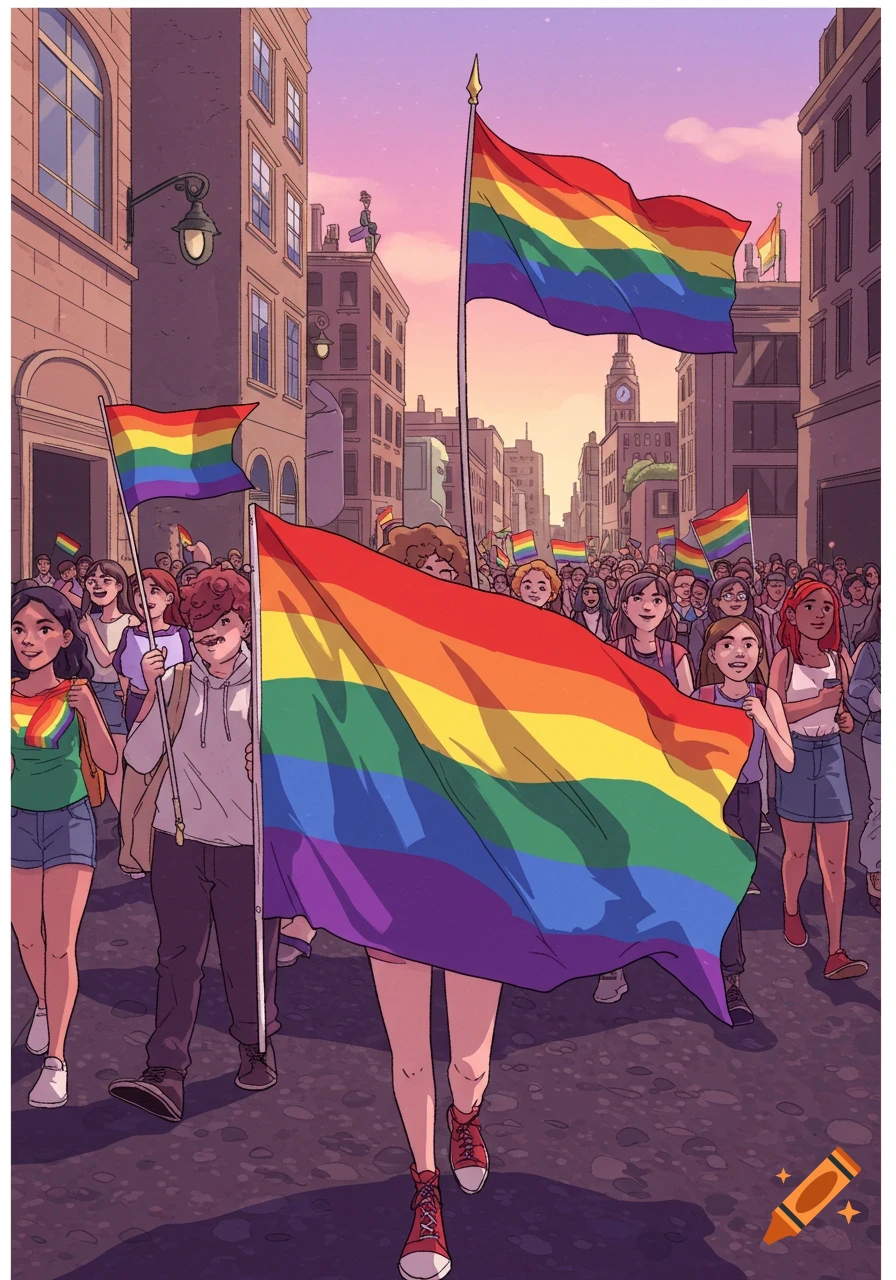 Illustration of a diverse crowd marching in a pride parade, carrying large rainbow flags down a city street.