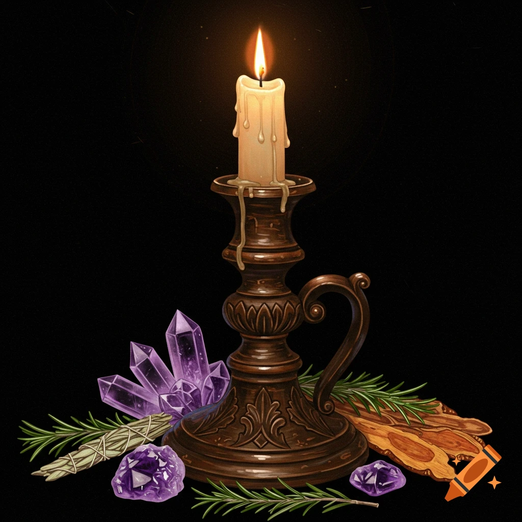 A burning candle in an old candlestick surrounded by purple crystals and herbs on a black background.
