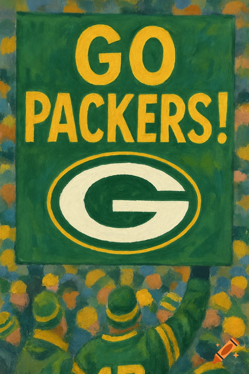 A painterly image of Green Bay Packers fans holding a sign that says 'GO PACKERS!'