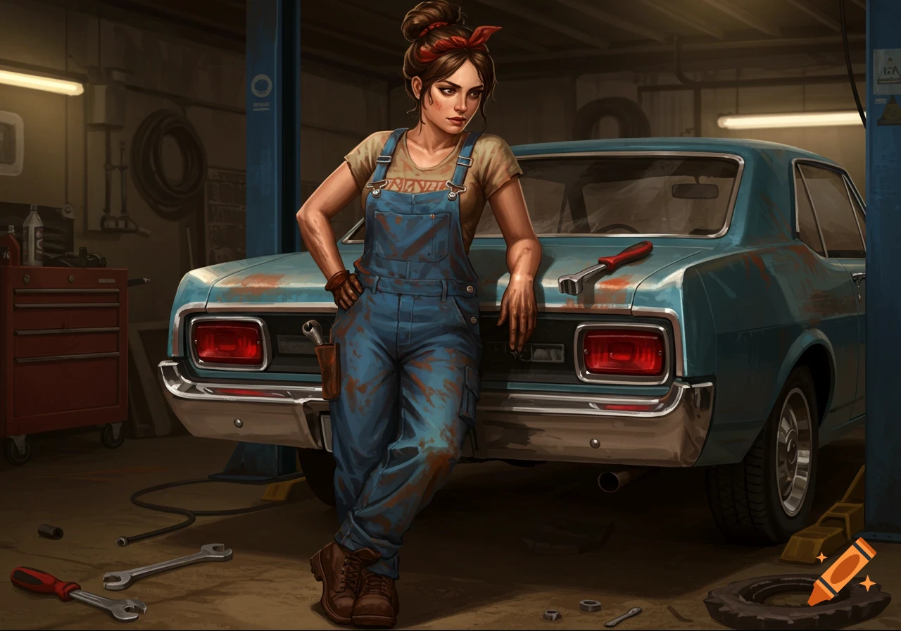 Illustration of a female mechanic leaning on a vintage car in a garage.