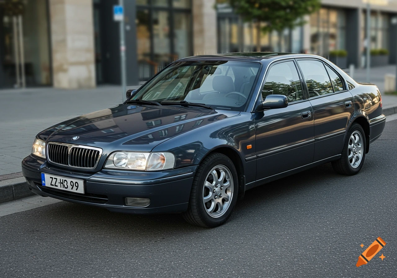 Dark grey sedan car parked on a city street