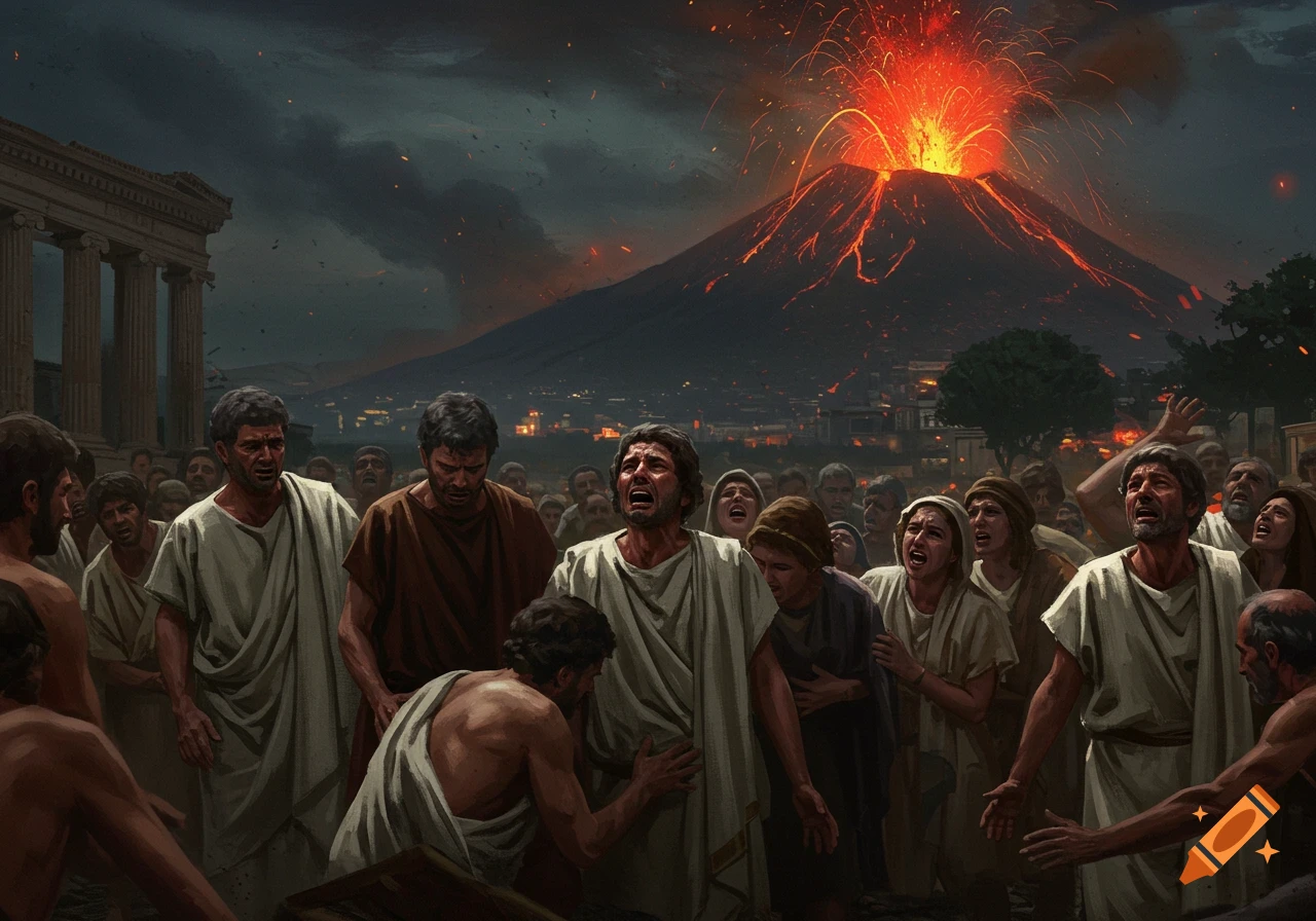 Illustration of ancient Romans reacting in despair as a volcano erupts in the background.