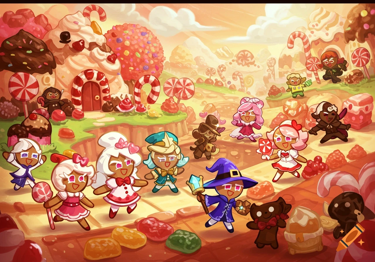 Cookie Run characters stand in a vibrant candy land landscape