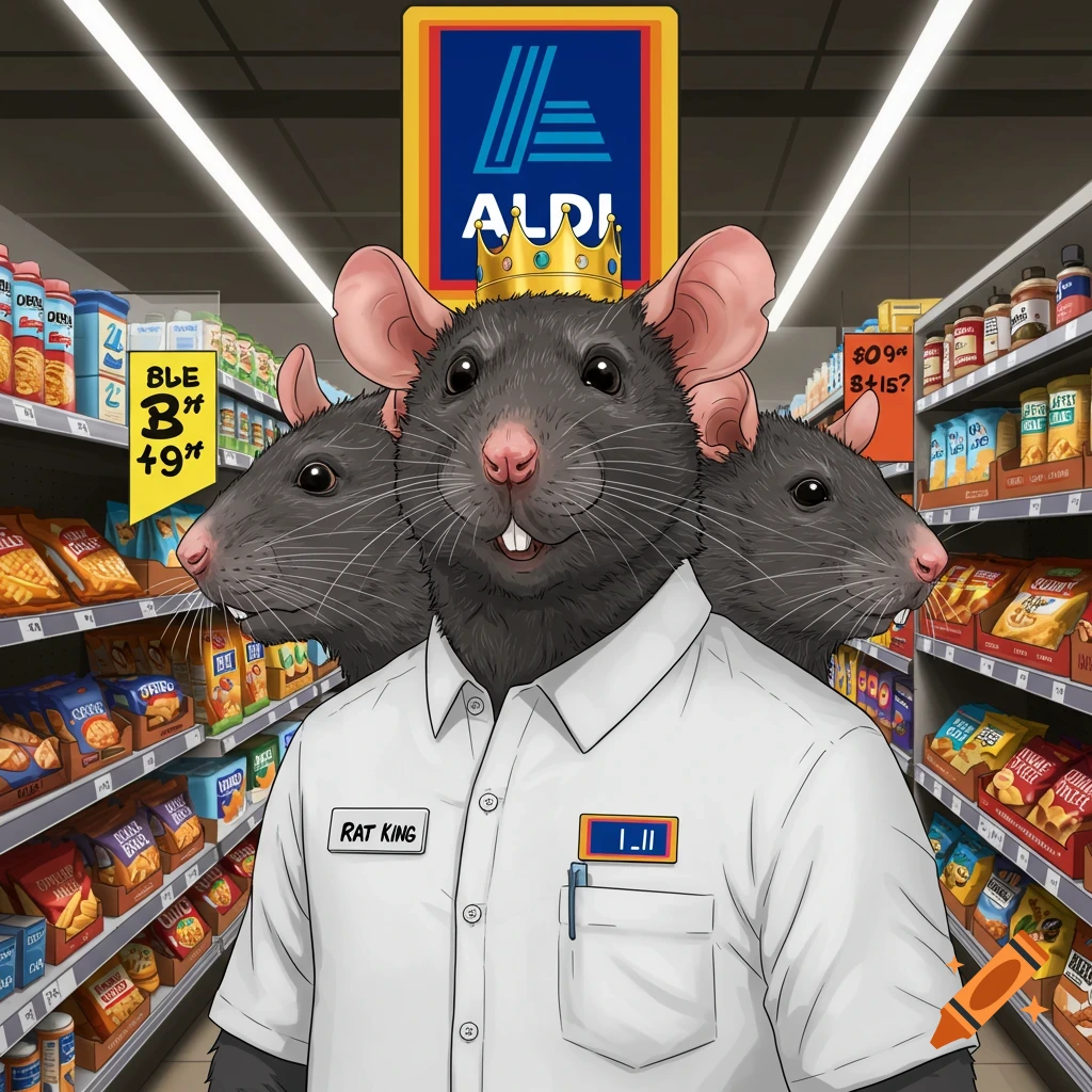 Anthropomorphic Rat King wearing a crown and manager shirt in a grocery store