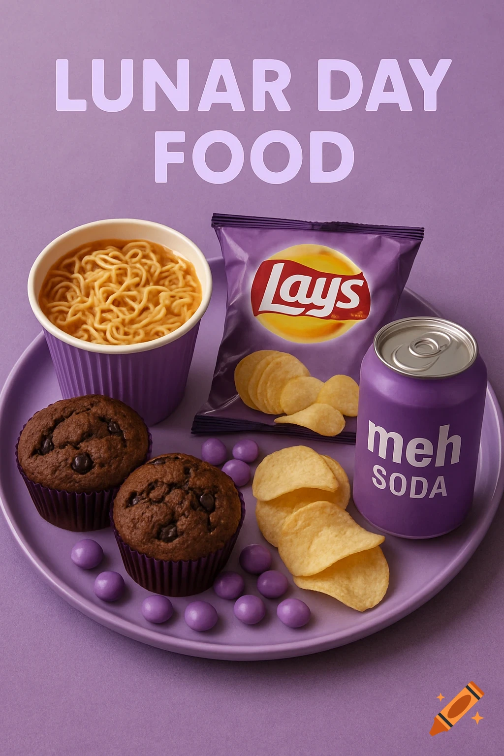 A purple plate with cup noodles, muffins, candy, Lays chips, and a soda can, with text 'LUNAR DAY FOOD' at the top.