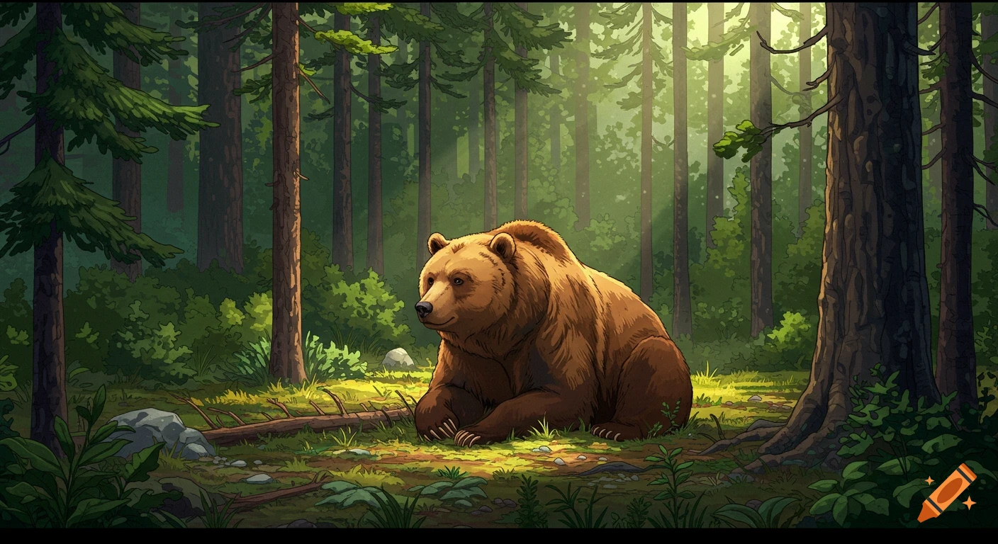 A brown bear sits in a sunlit forest clearing. on Craiyon