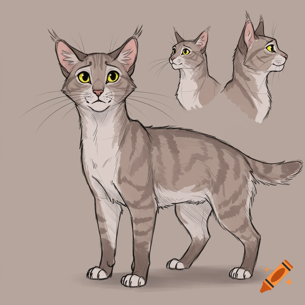 A sketch of a tabby cat with multiple views, showing a full body pose and two head shots.