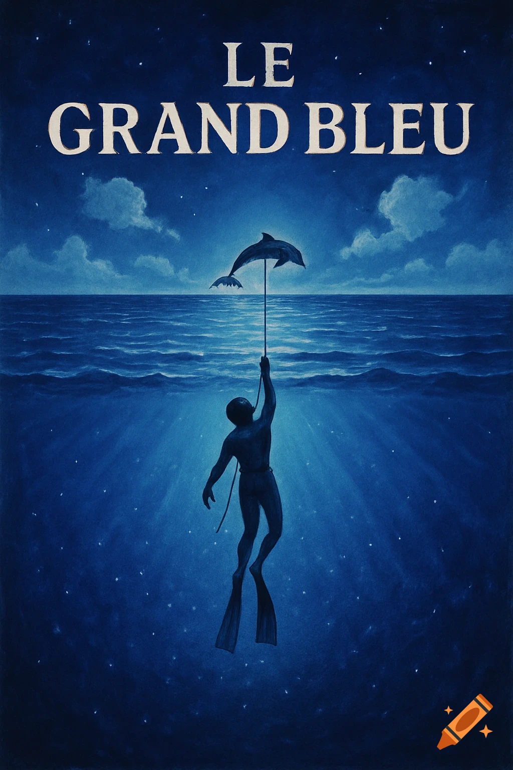 Movie poster for LE GRAND BLEU showing a diver rising from the deep sea towards a dolphin in a dark blue ocean.