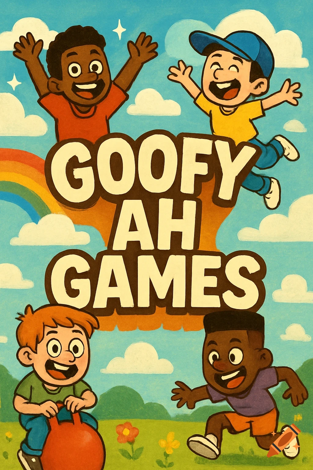 Cartoon kids playing outside with large text reading 'GOOFY AH GAMES'. Stylized illustration.