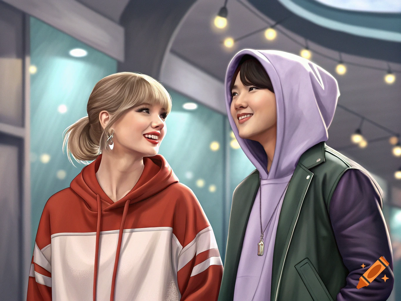 Illustration of Taylor Swift and Suga smiling at each other outdoors.