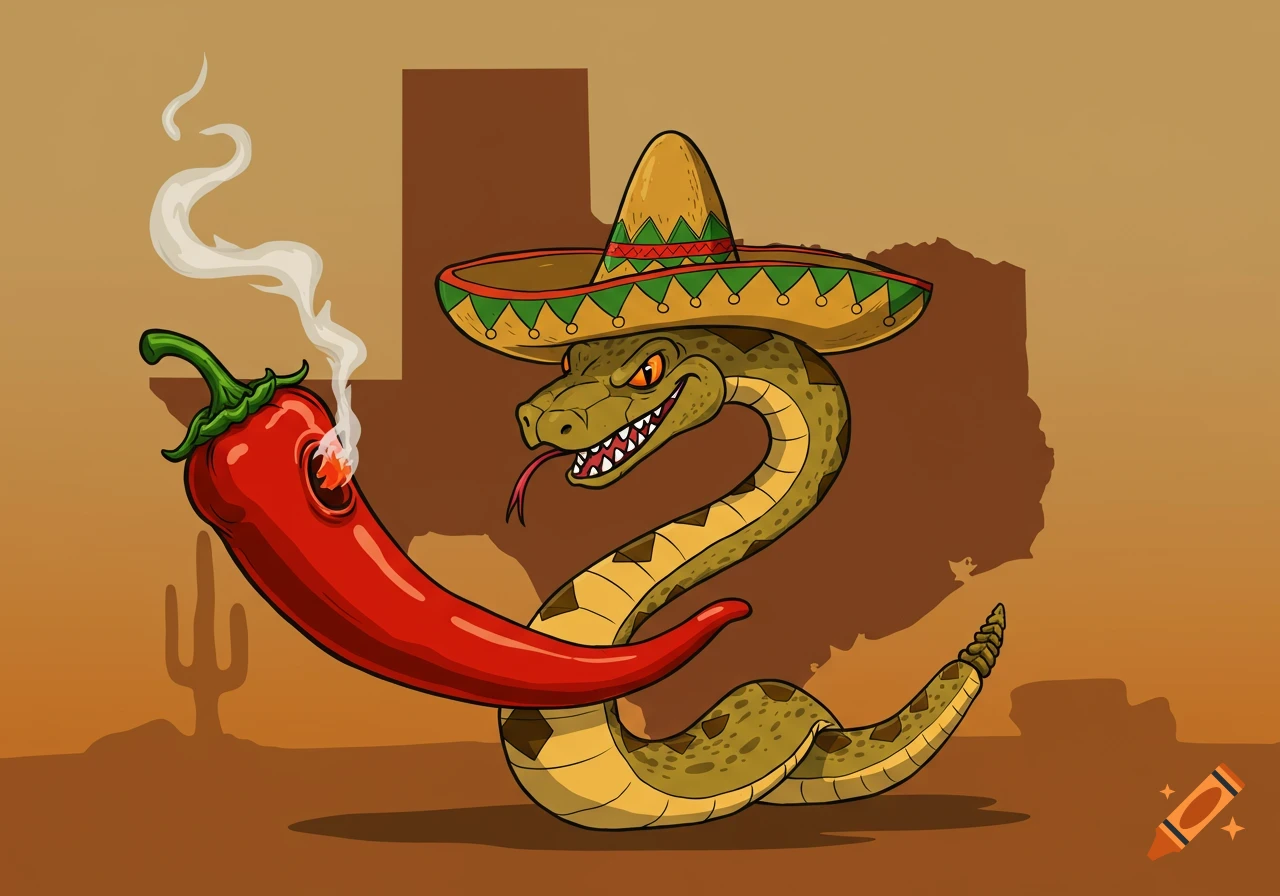 Cartoon rattlesnake in a sombrero holds a smoking chili pepper with a Texas outline background.