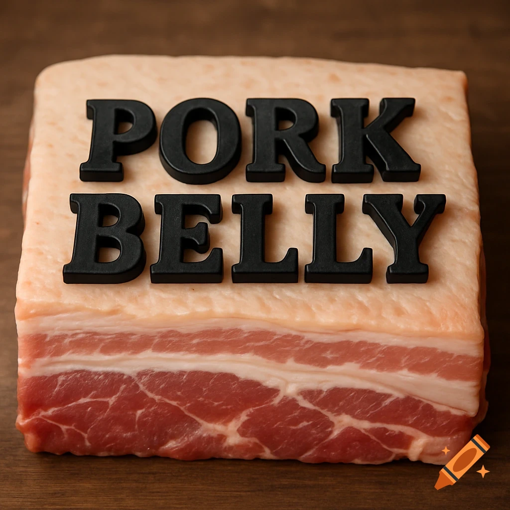 Black letters spelling 'PORK BELLY' on a piece of raw pork belly