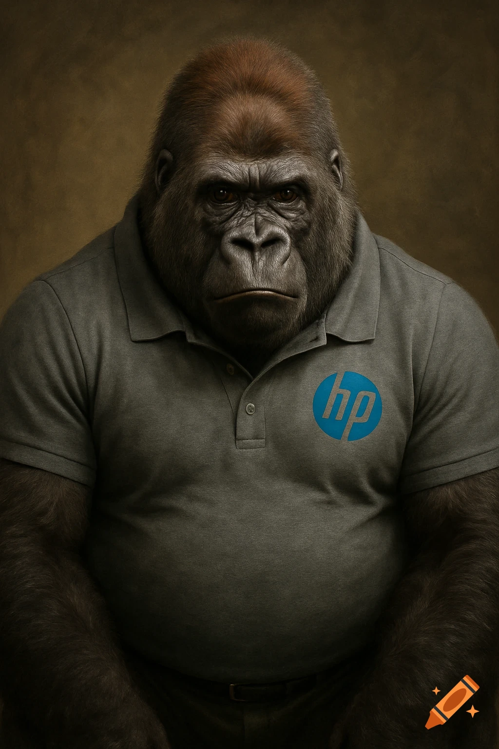 Photorealistic portrait of a gorilla wearing a grey polo shirt with an HP logo.