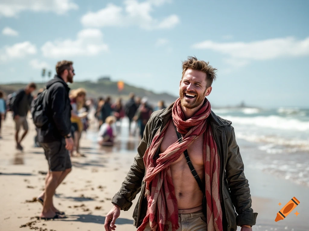 Man laughing on a sunny beach with people in the background