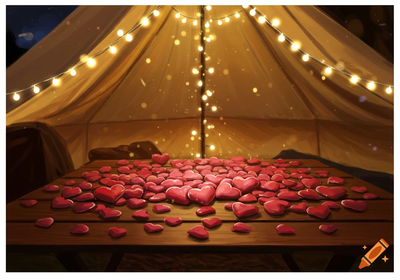Red hearts cover a table under a tent lit by string lights at night.