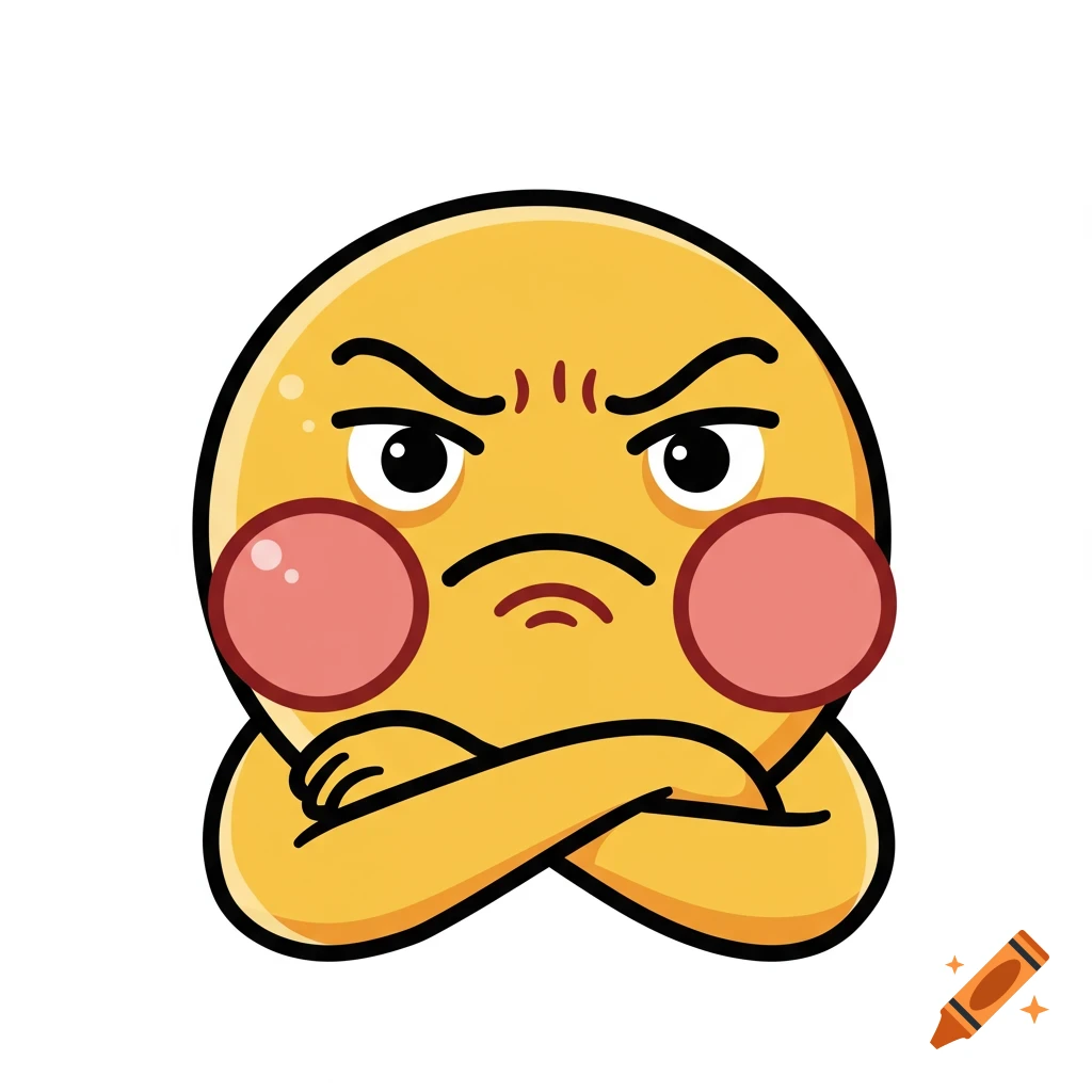 Angry yellow emoji with crossed arms and rosy cheeks.