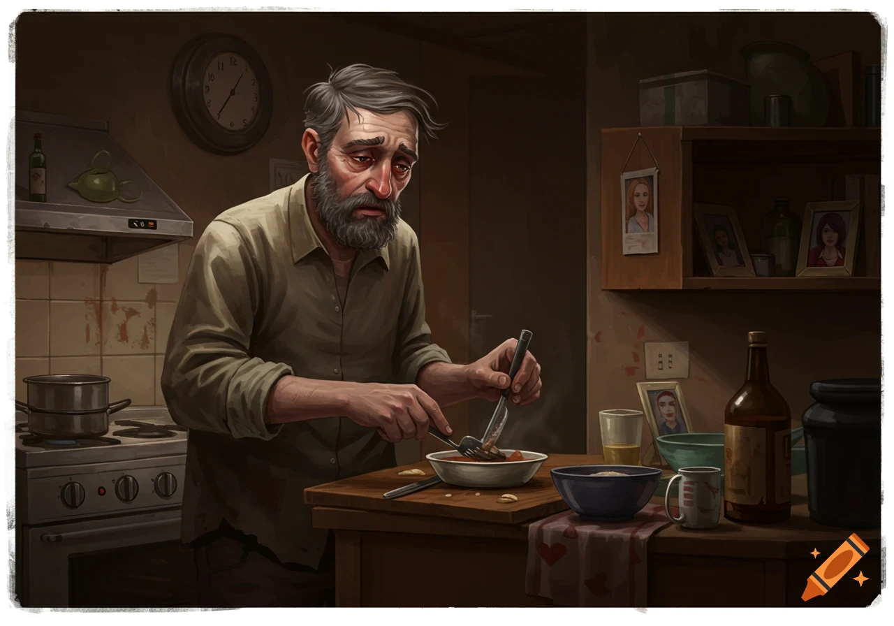 Illustration of a sad man eating alone at a table in a kitchen.