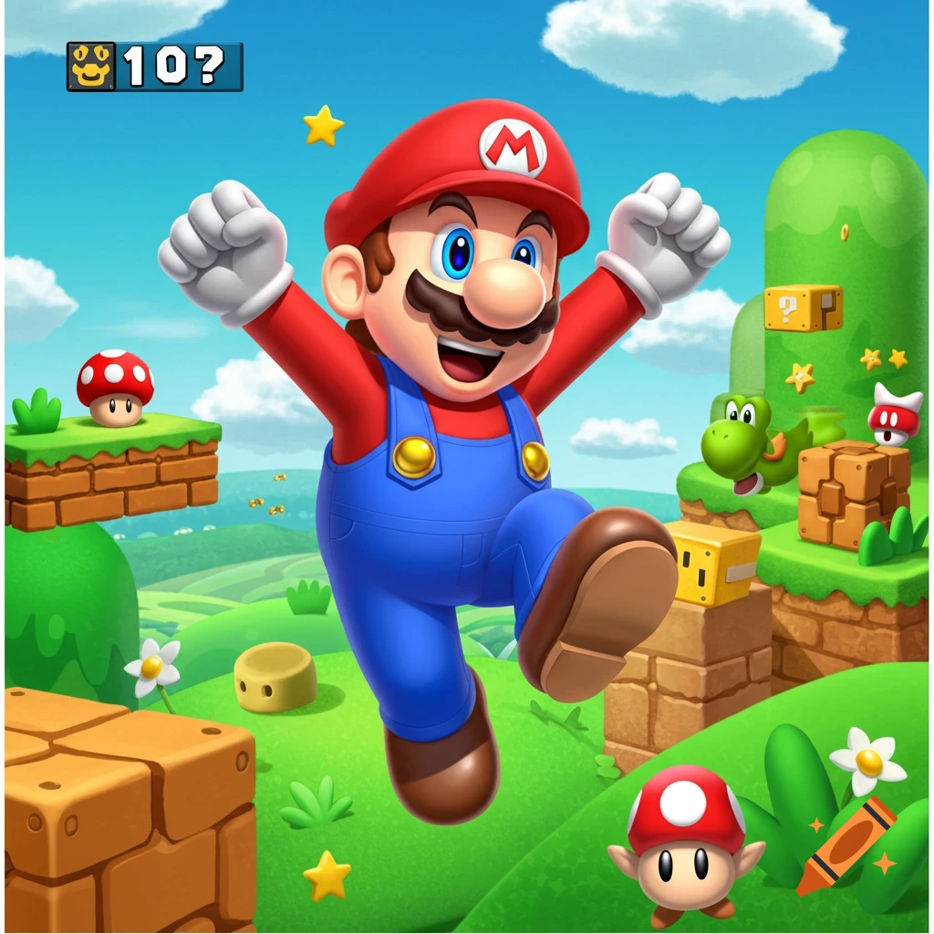 Mario jumps in a vibrant Super Mario video game level with blocks, mushrooms, Yoshi, and stars.